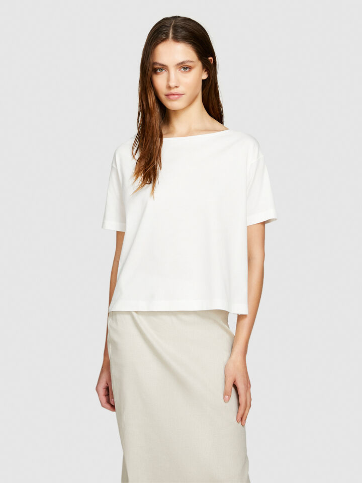 T-shirt with boat neck - women's short sleeve t-shirts - Creamy White | Sisley image number 4